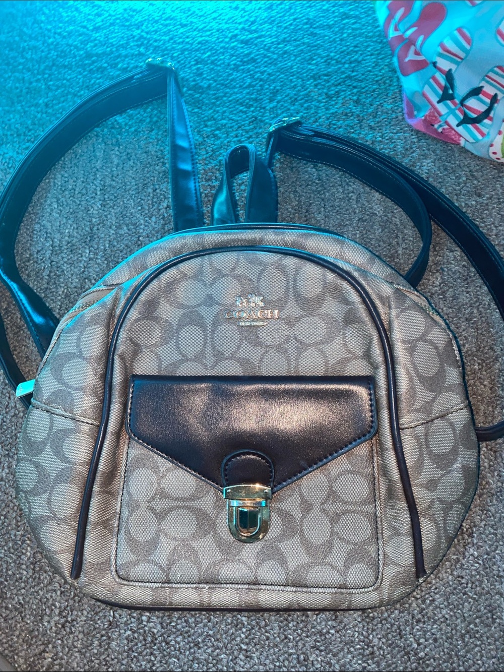 Coach Mini Backpack Signature Canvas with Black Trim and Gold Hardware